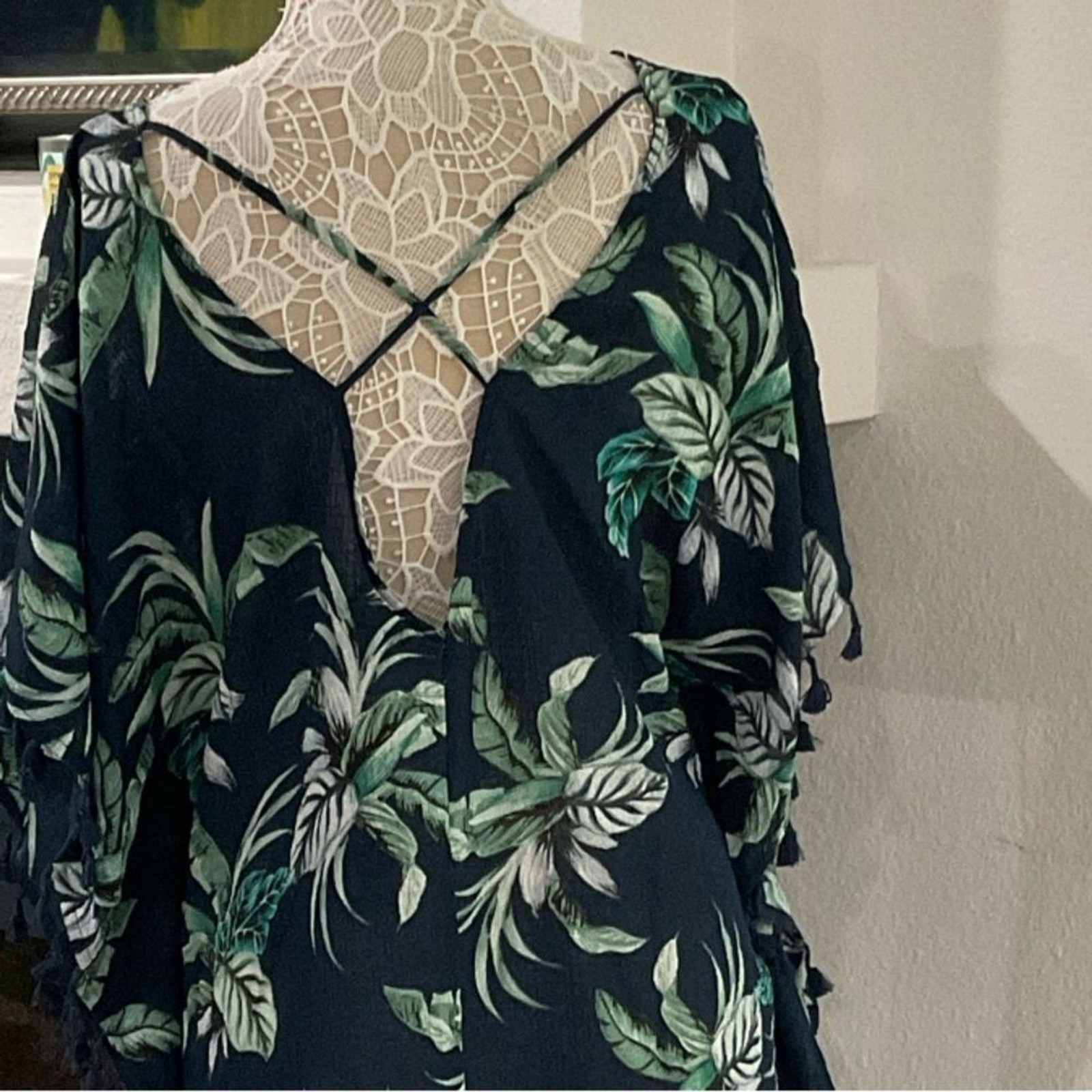 Beach Navy Tropical V-Neck Tie-Sleeve