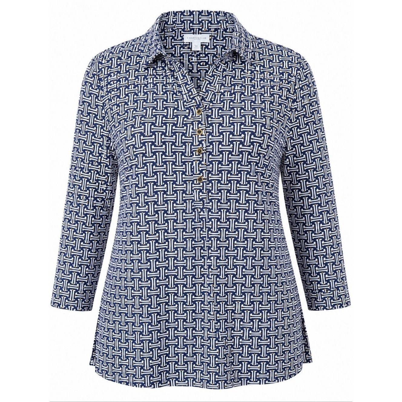 CHARTER CLUB | Nautical Coastal Basket Weave Collared Long Sleeve Blouse | XL