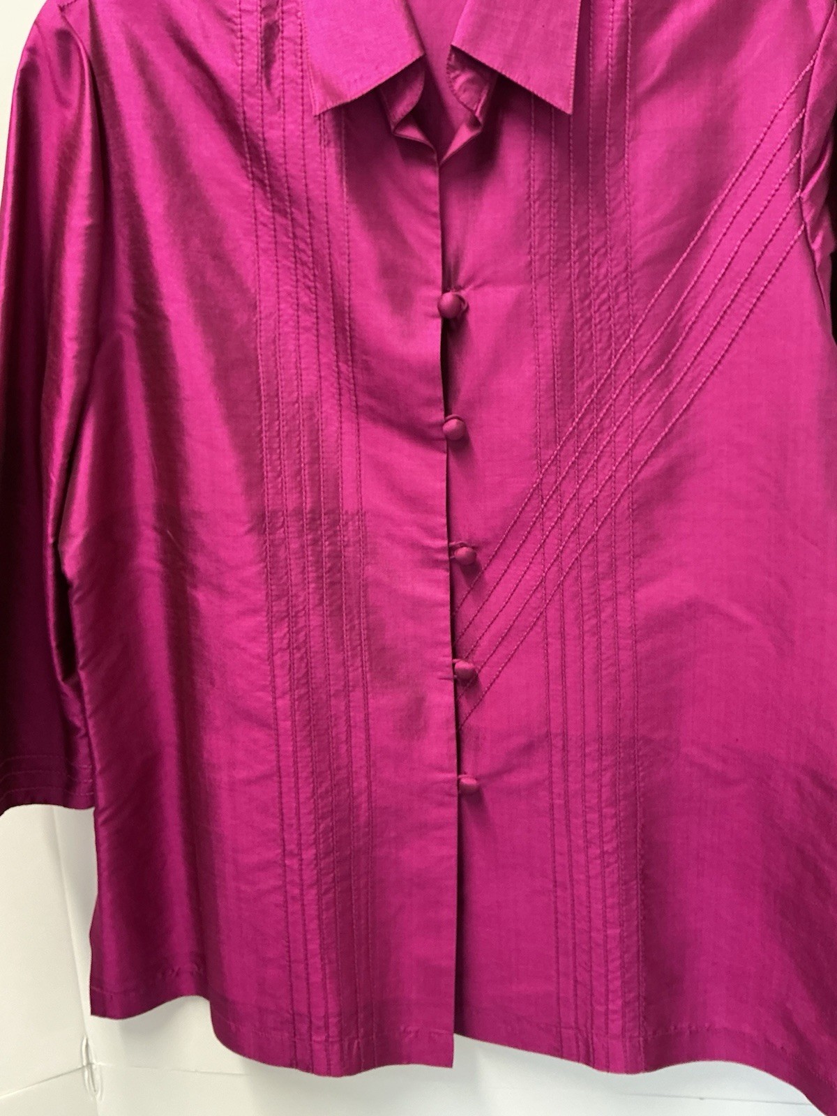Thai Silk Blouse Size XL Fuschia Decorative Stitching Covered Buttons W/loop