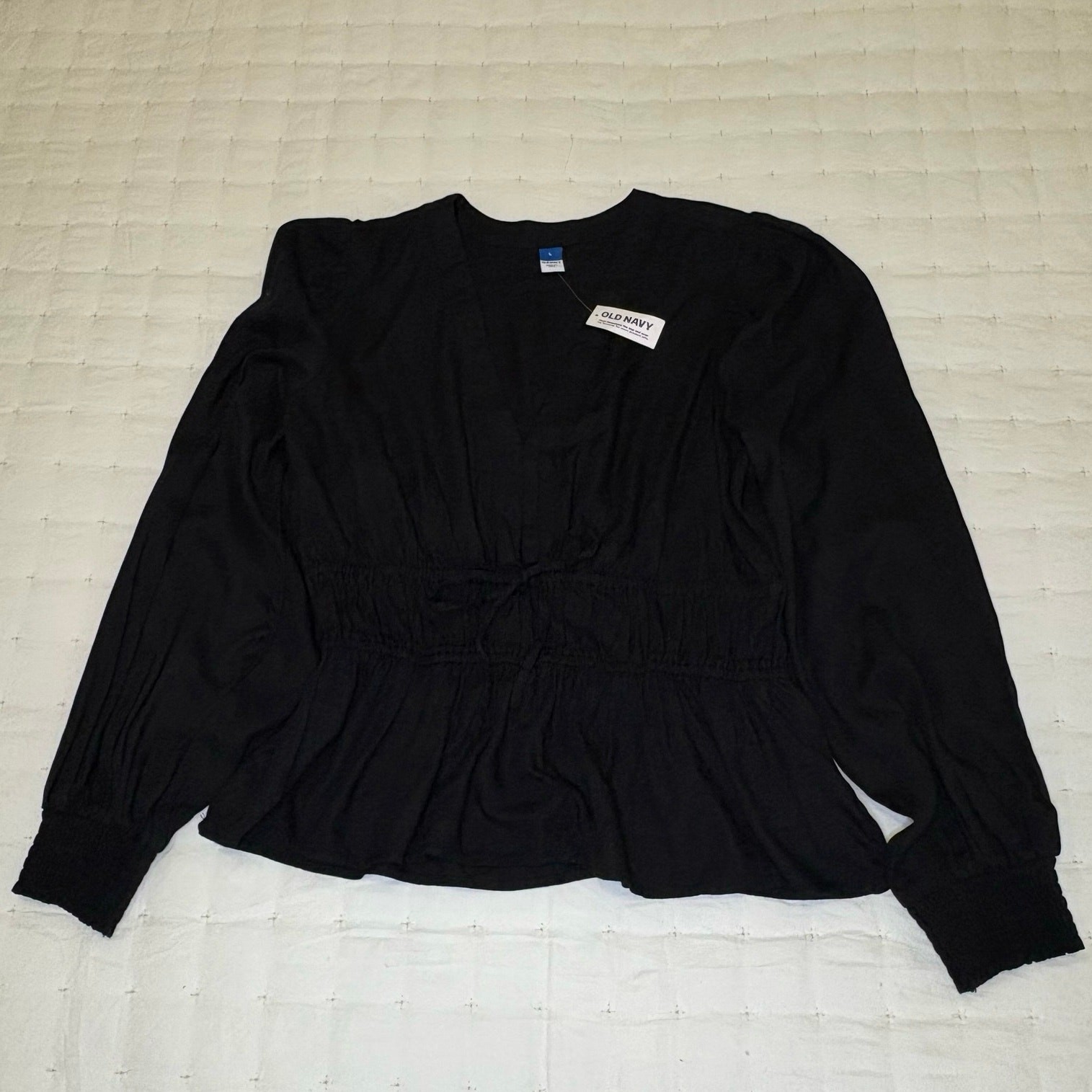 Old Navy Smocked Tie-Front Waist-Defined Blouse Women’s L Black Boho Chic