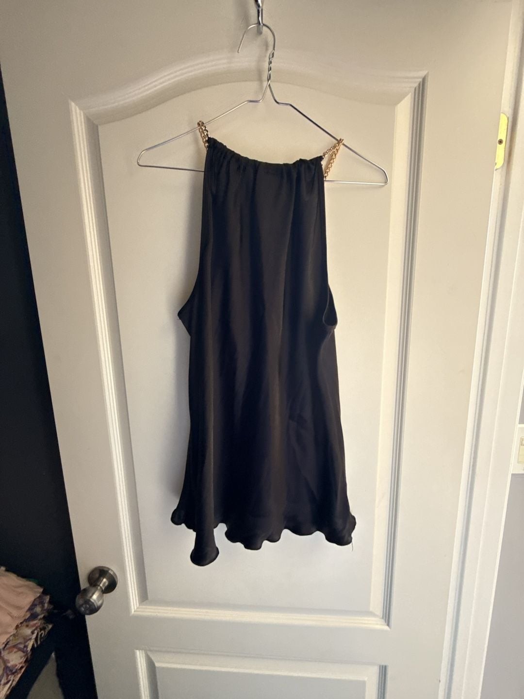 Tash + Sophie Black Satin Sleeveless Halter Top with Gold Chain Detail