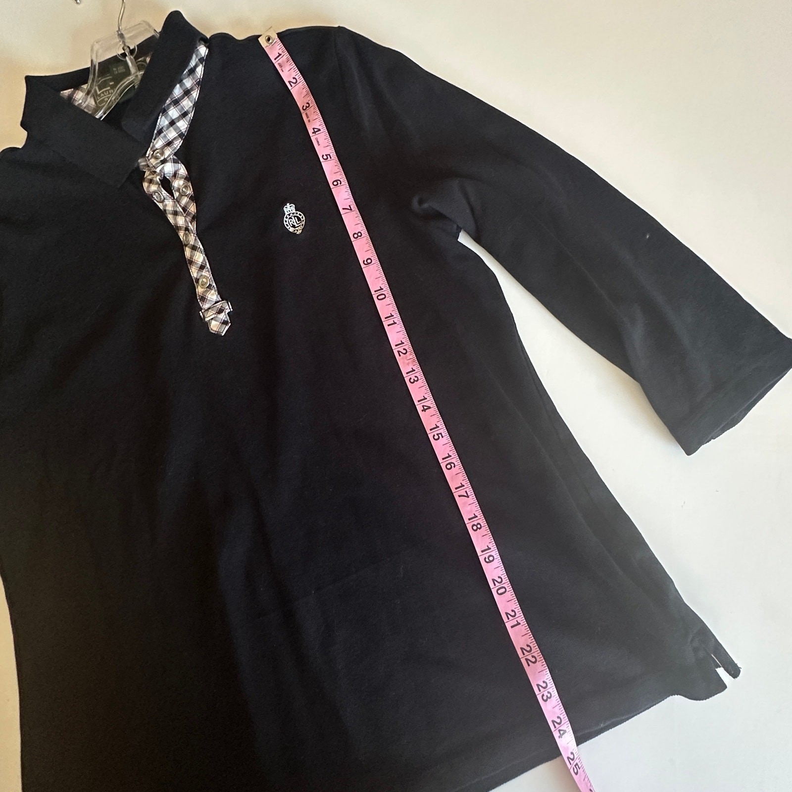 L-RL Ralph Lauren Active 3/4 Sleeve Polo Shirt Womens Large Black Plaid Trim