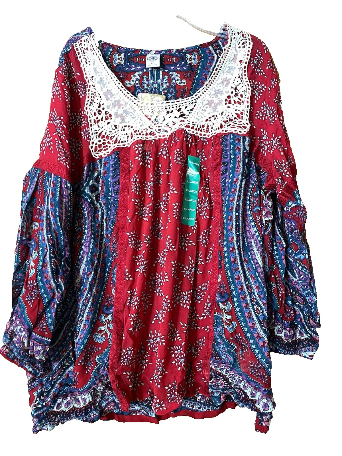 Bila NWT Women’s XL Red Multicolor Sheer Rayon Boho Pullover Blouse w/ Crochet
