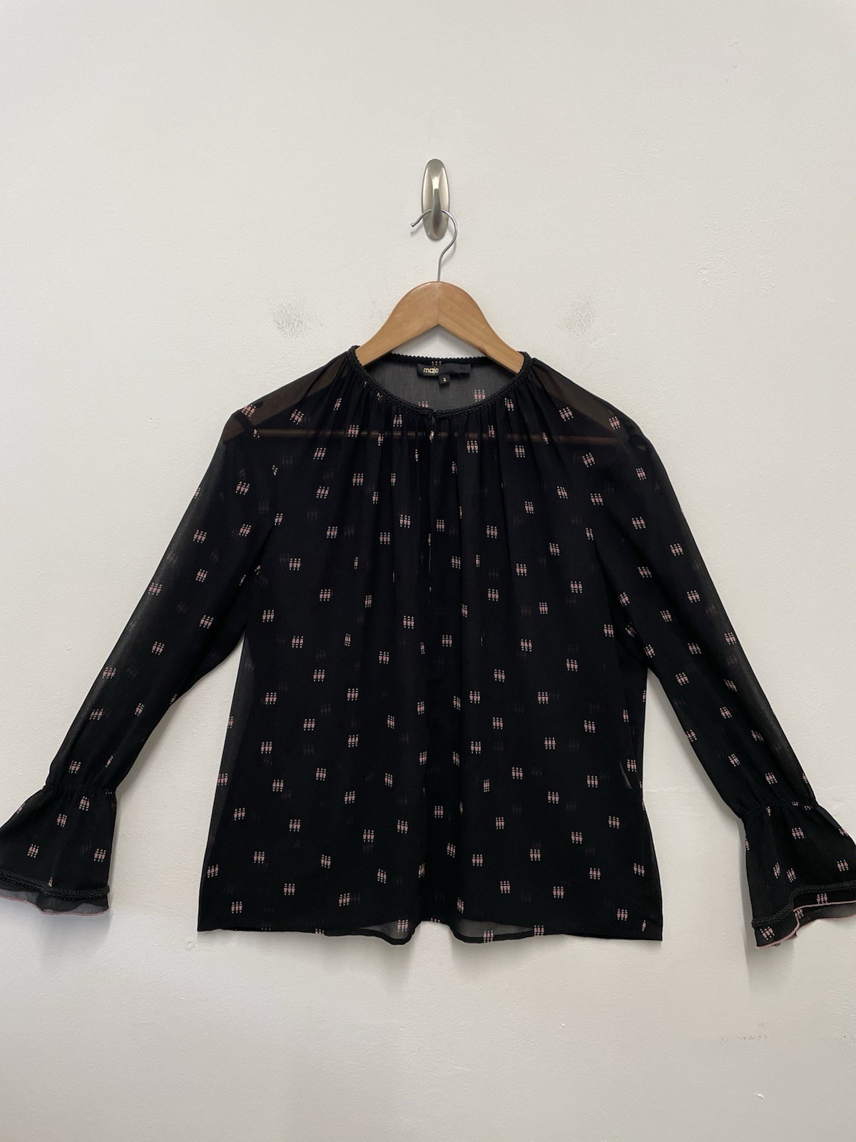 Maje Leona Blouse Top Size 2 UK 10 Black Geometric Print Chiffon Long Sleeve