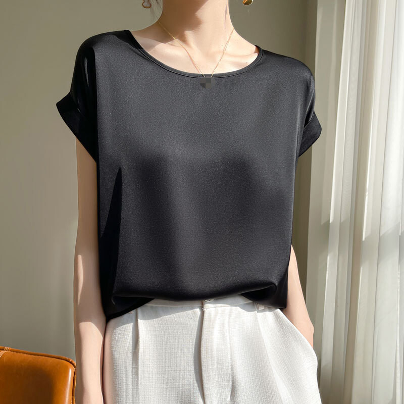 Women’s Silk Satin Blouse Tops Short Sleeve Round Neck Casual T-Shirts Plus Size