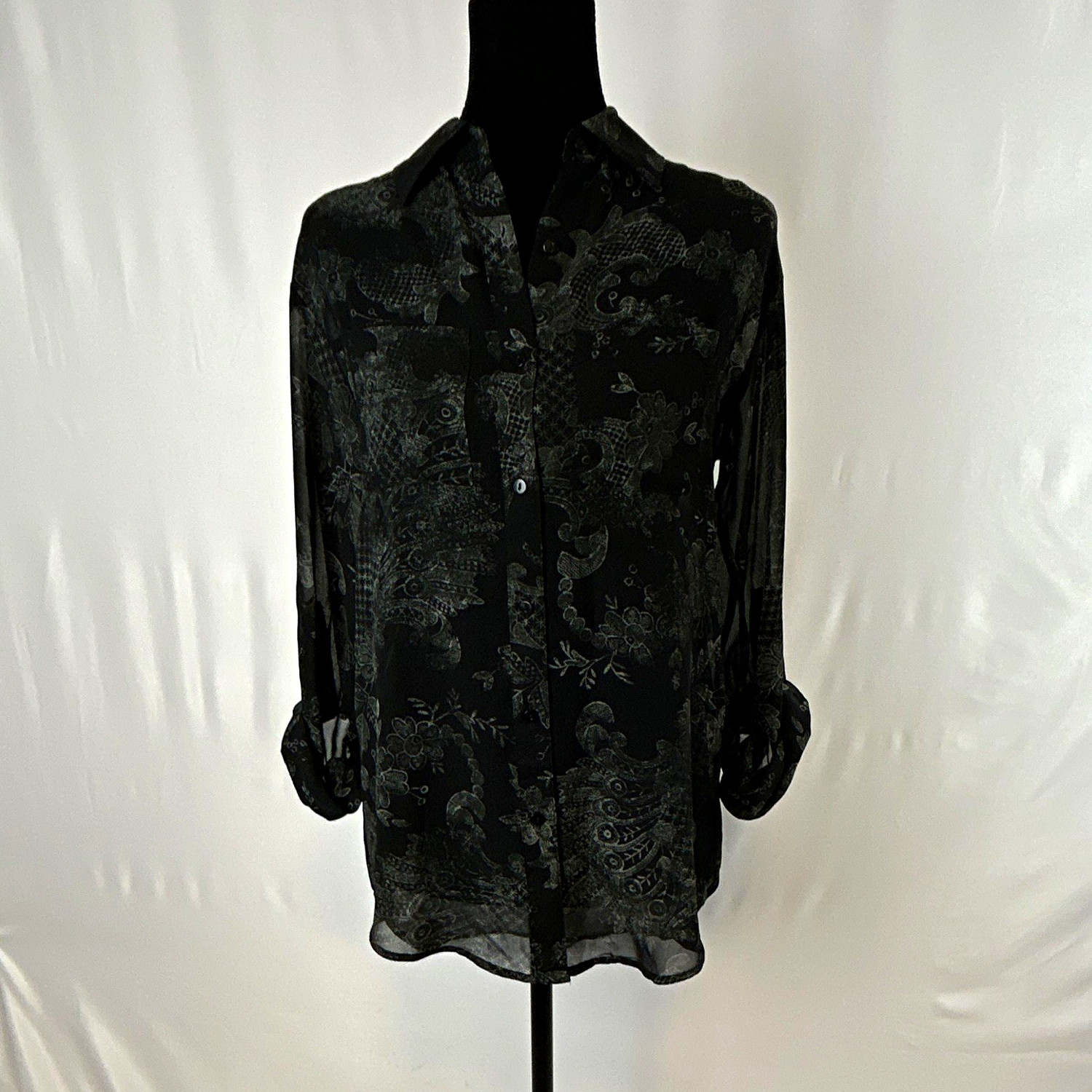 Decree Women’s XS Black Gray Sheer Paisley Collared Long Sleeve Button-Up Blouse