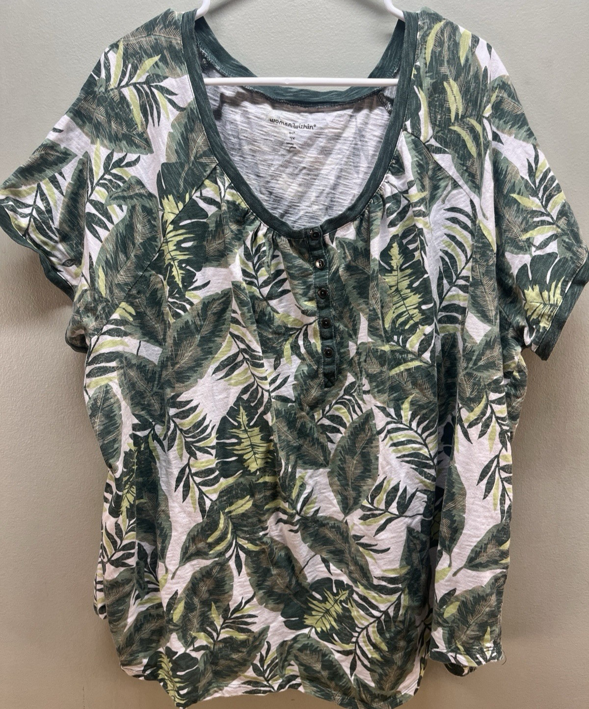 Woman Within henley shirt women plus size 3X green palm leaves tropical tropical
