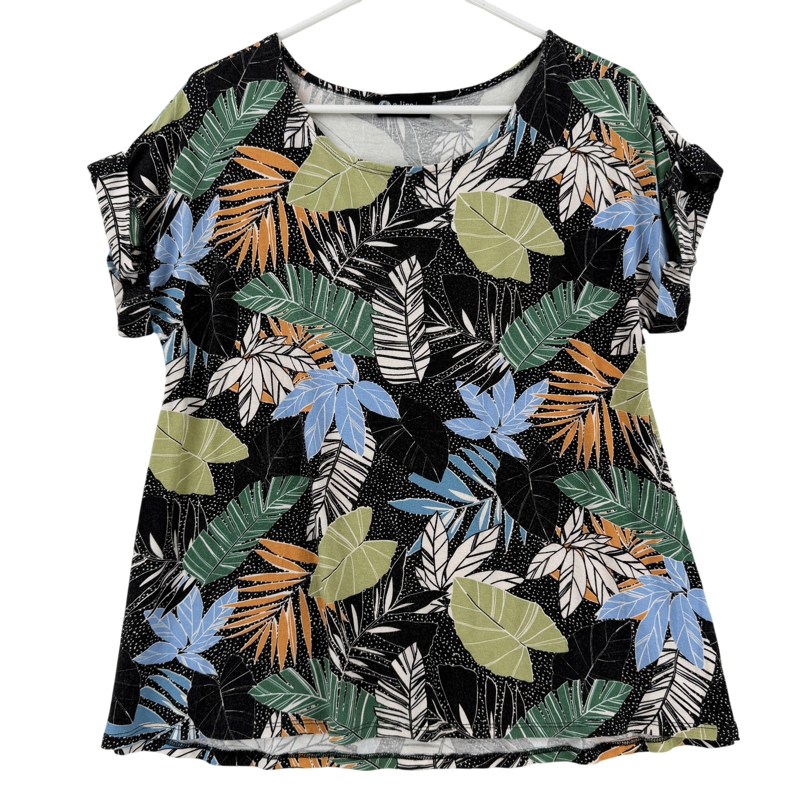 A-line Hawaii Shirt Womens Medium Black Multicolor Tropical Leaf Jersey Tee Top