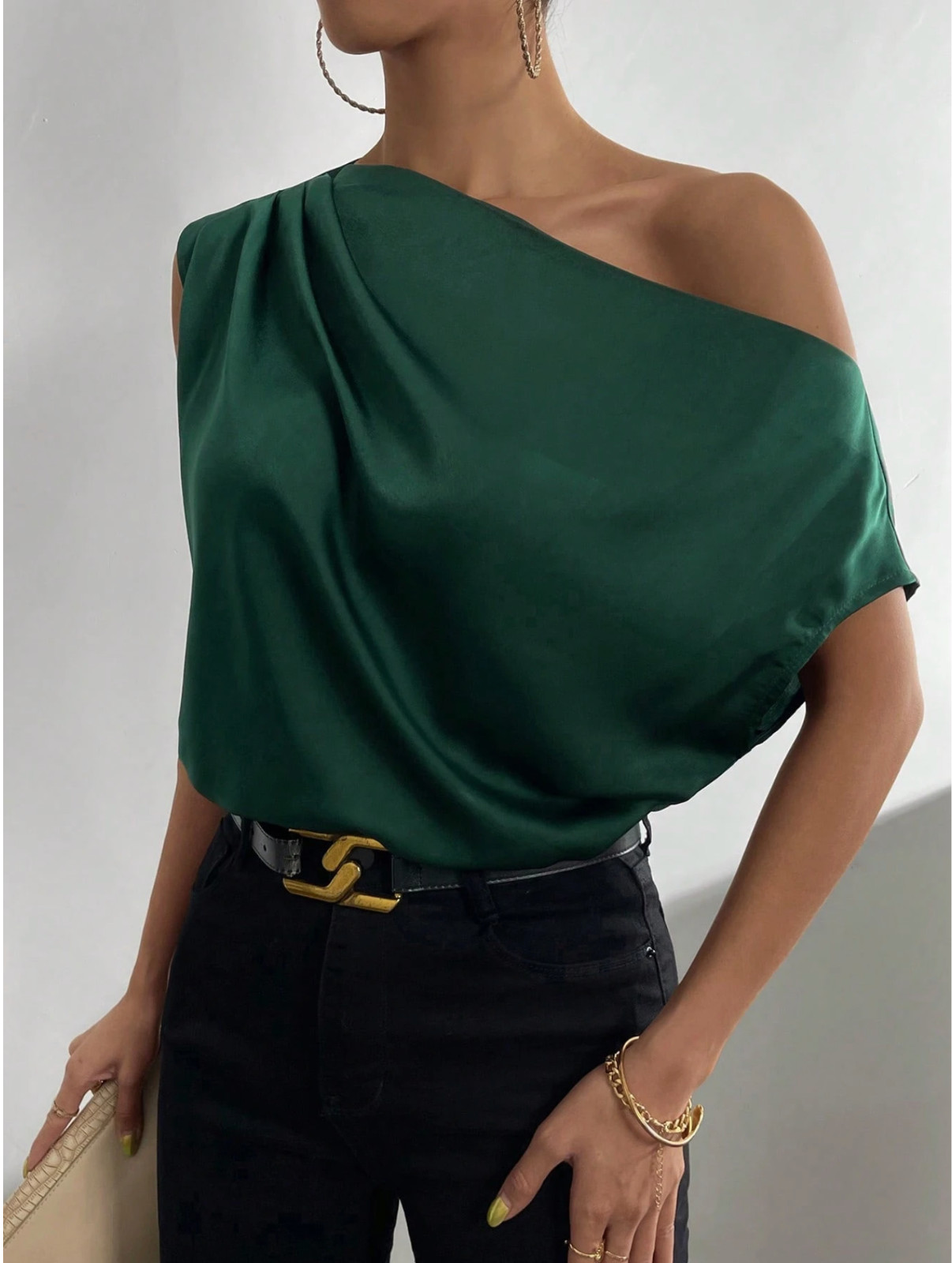 Green Raffinéa Solid Asymmetrical Neck Ruched Satin Blouse One Shoulder Top