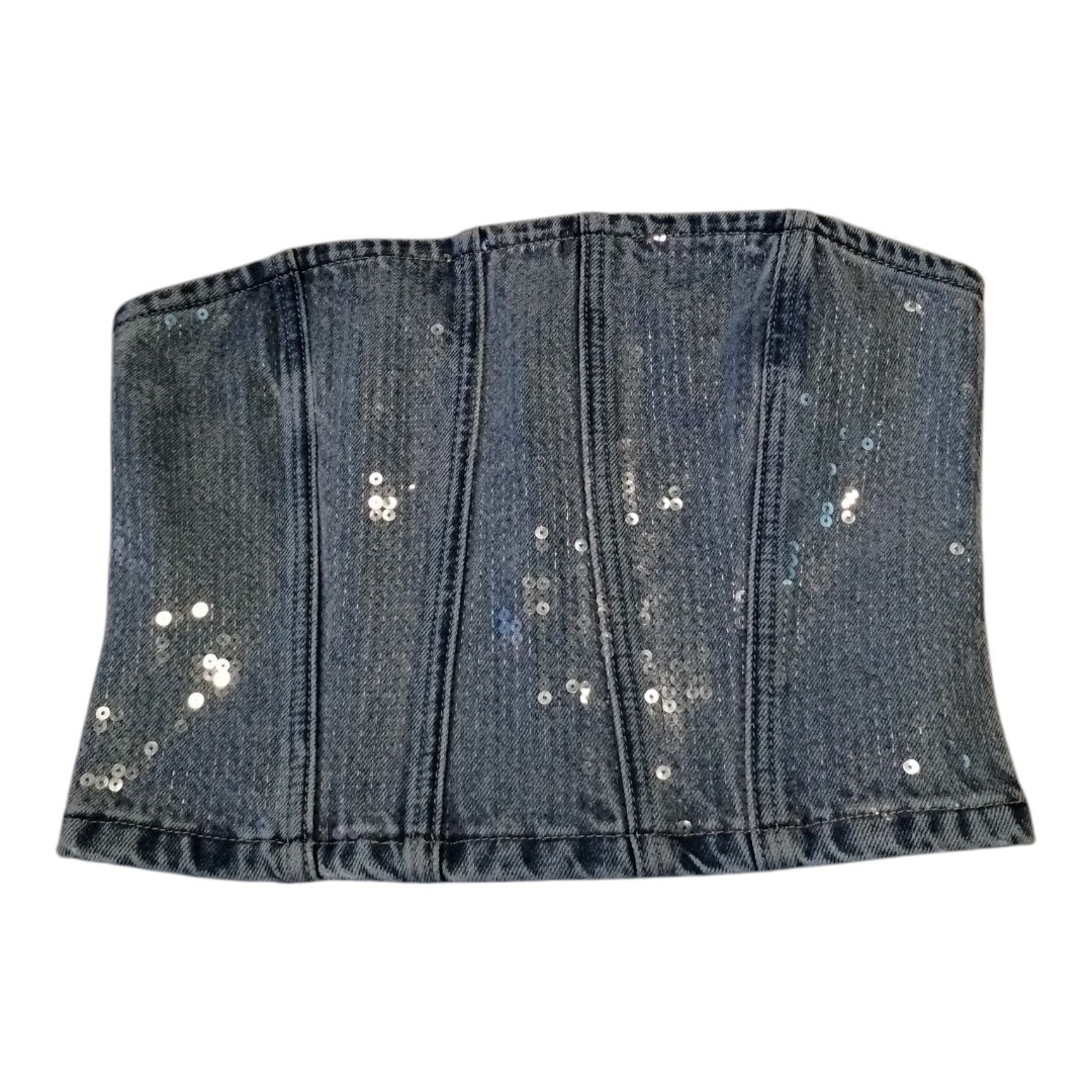 GRLFRND Lindsi Lane Denim Jean Bustier Top XS Blue Sequined Strapless Cropped