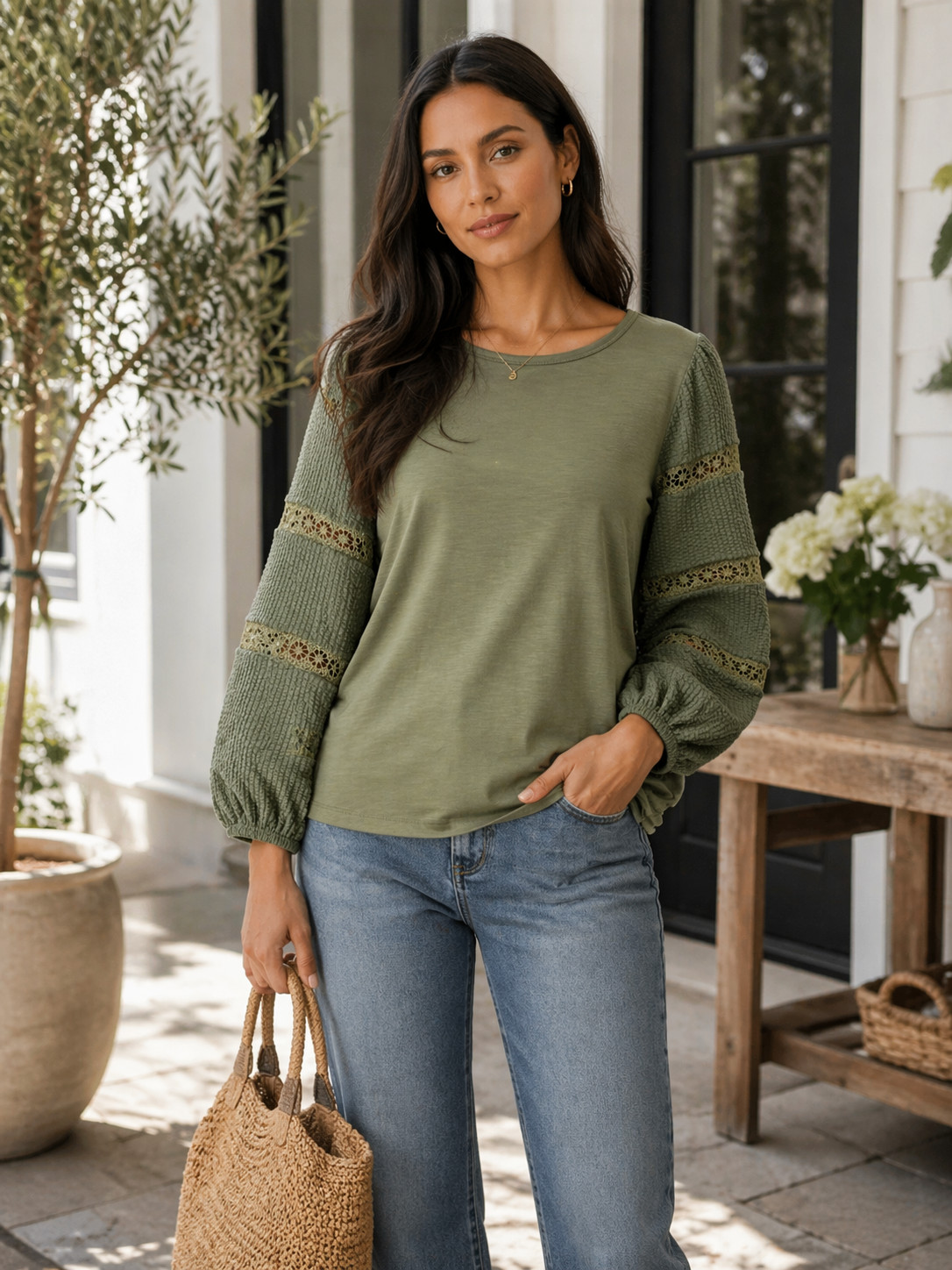 Linda Leal Top Womens Size Small Green Crochet Lace Cutout Sleeve Peasant NWT