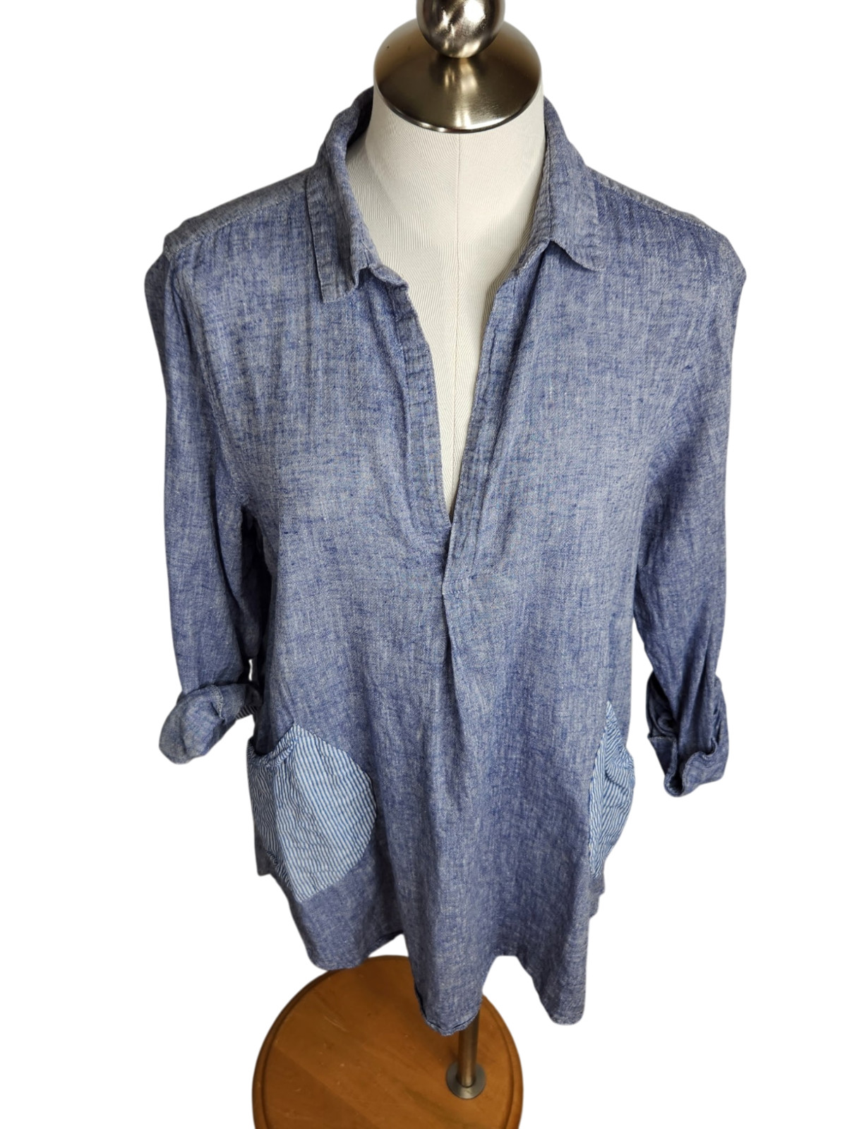 For Cynthia Tunic Top Women’s Large Linen Blend Chambray Stripe Accents Pockets