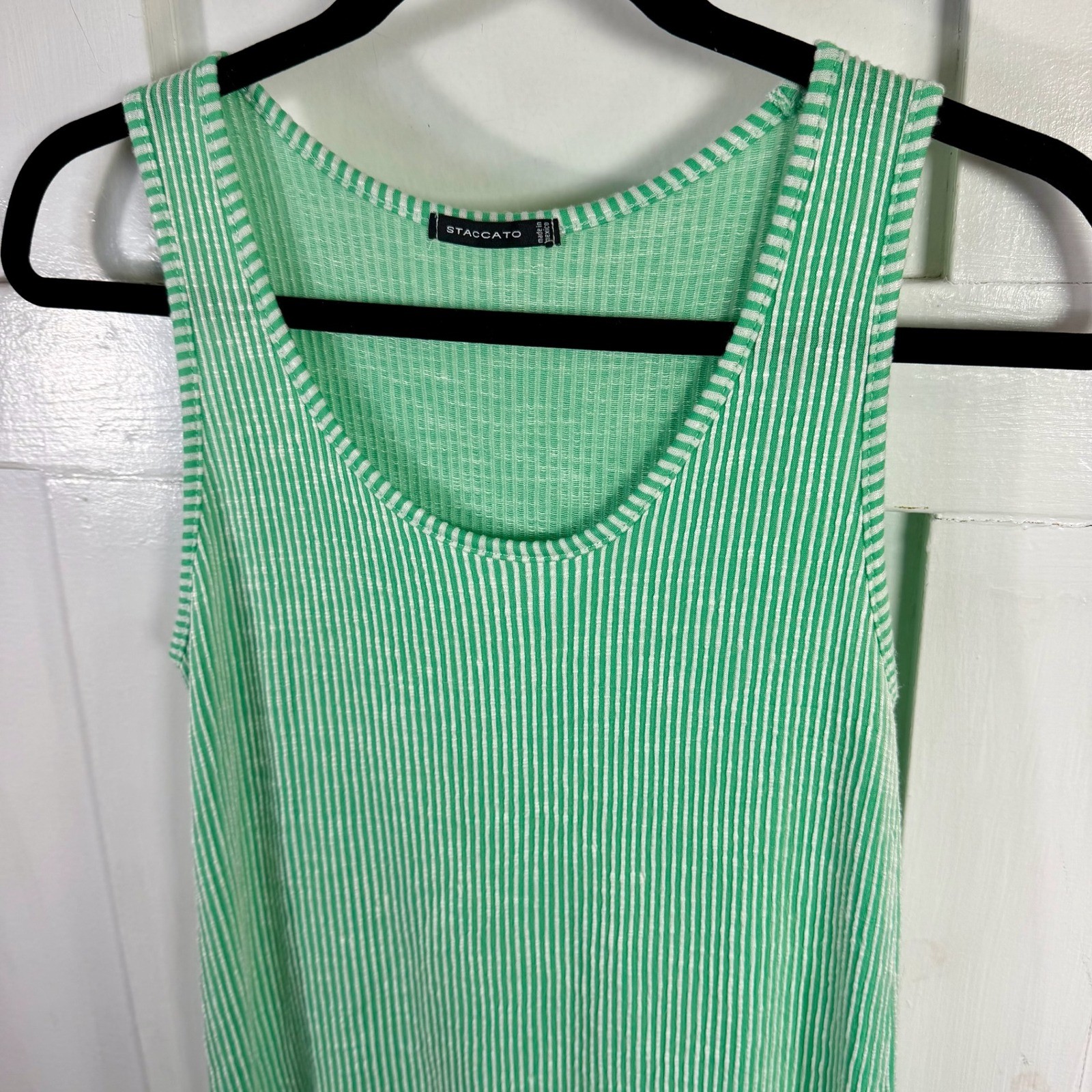 Staccato Green White Stripe Ribbed Knit Tank Top Sleeveless Casual Size S