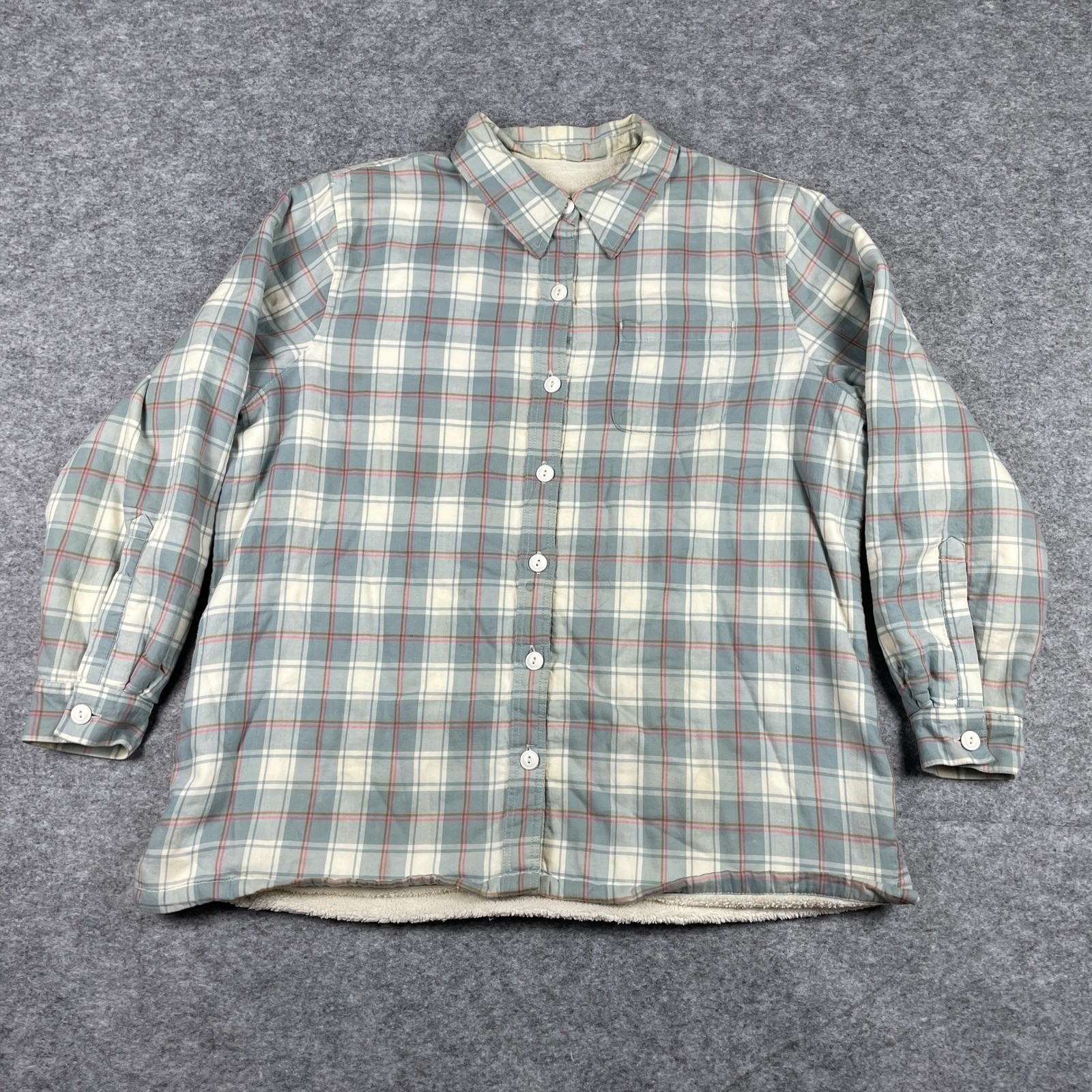 LL Bean Flannel Shirt Womens M Blue Plaid Fleece Lined Button Down Shacket