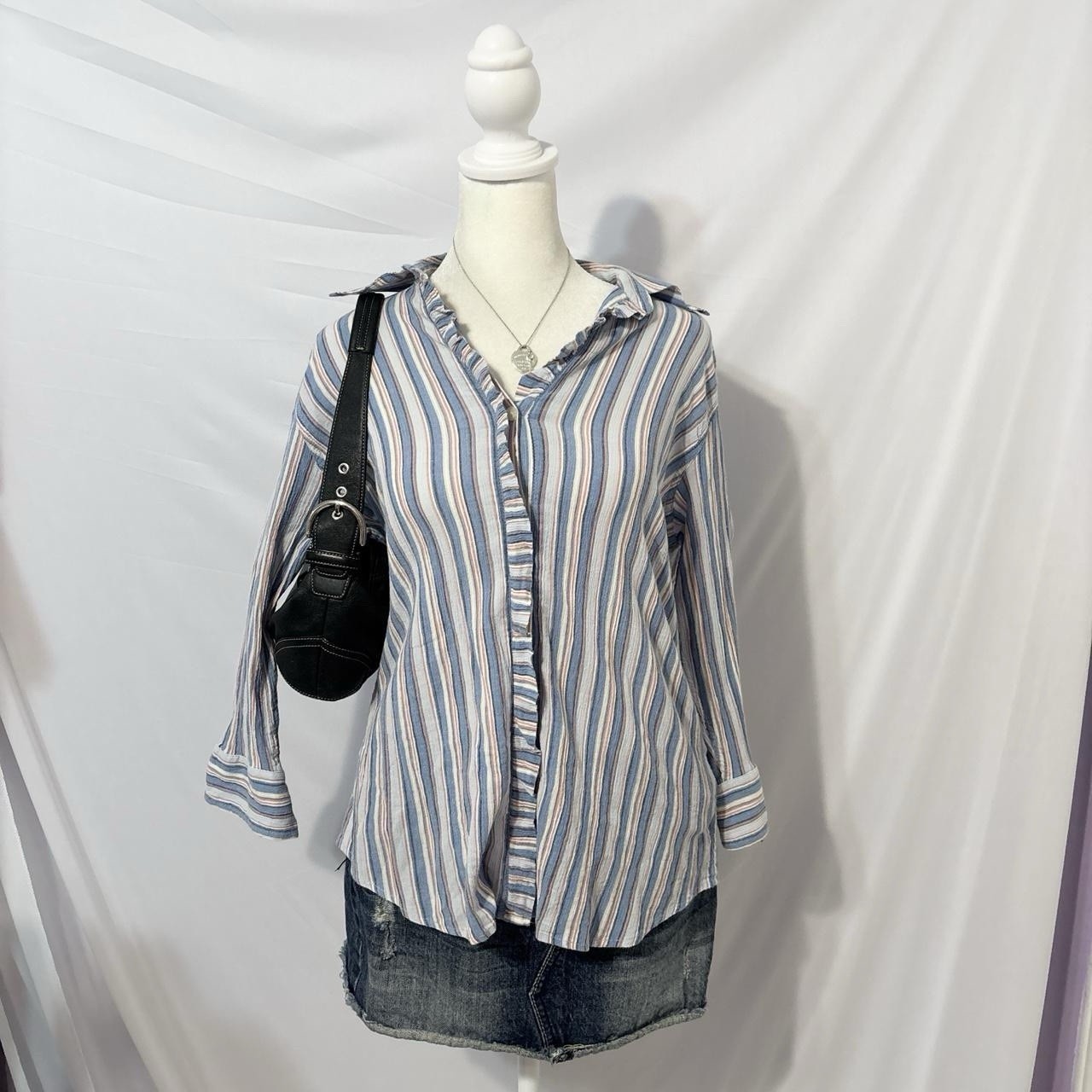 Vintage Y2k Blue and Pink Pinstripe Button Up Office Siren Ruffled Top