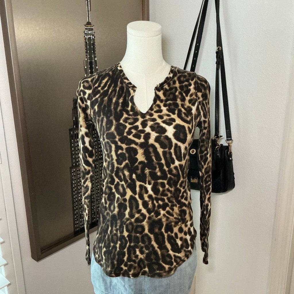 Lucky Brand Leopard Print Thermal Long Sleeve Top Size S