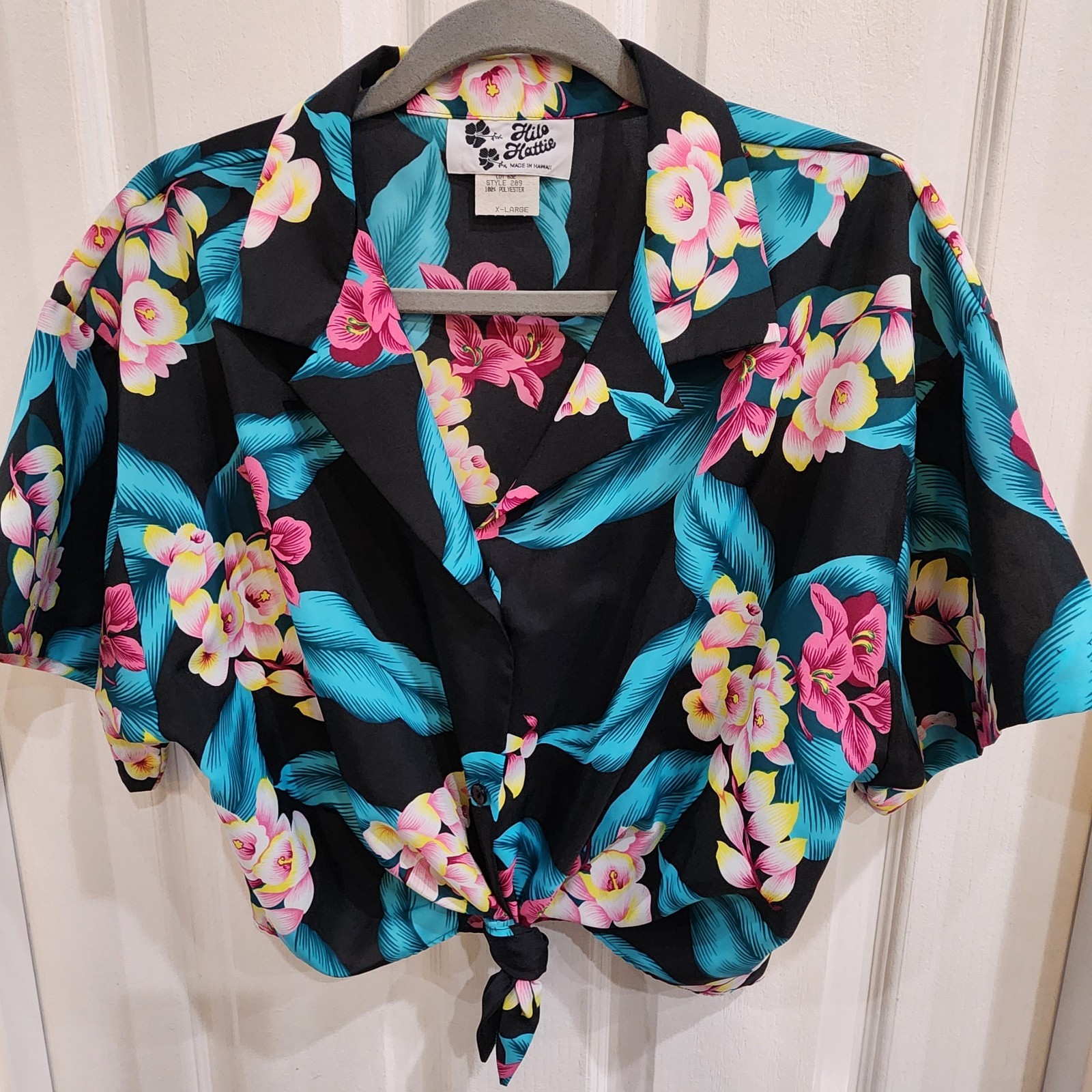 Vintage 90’s Hilo Hattie Cropped Top- Made in Hawaii- Tie Front Tropical XL