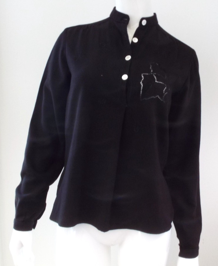 Vintage 1970s Emmanuelle Khanh Paris Black Blouse Shirt Eyeglasses Label Size 36