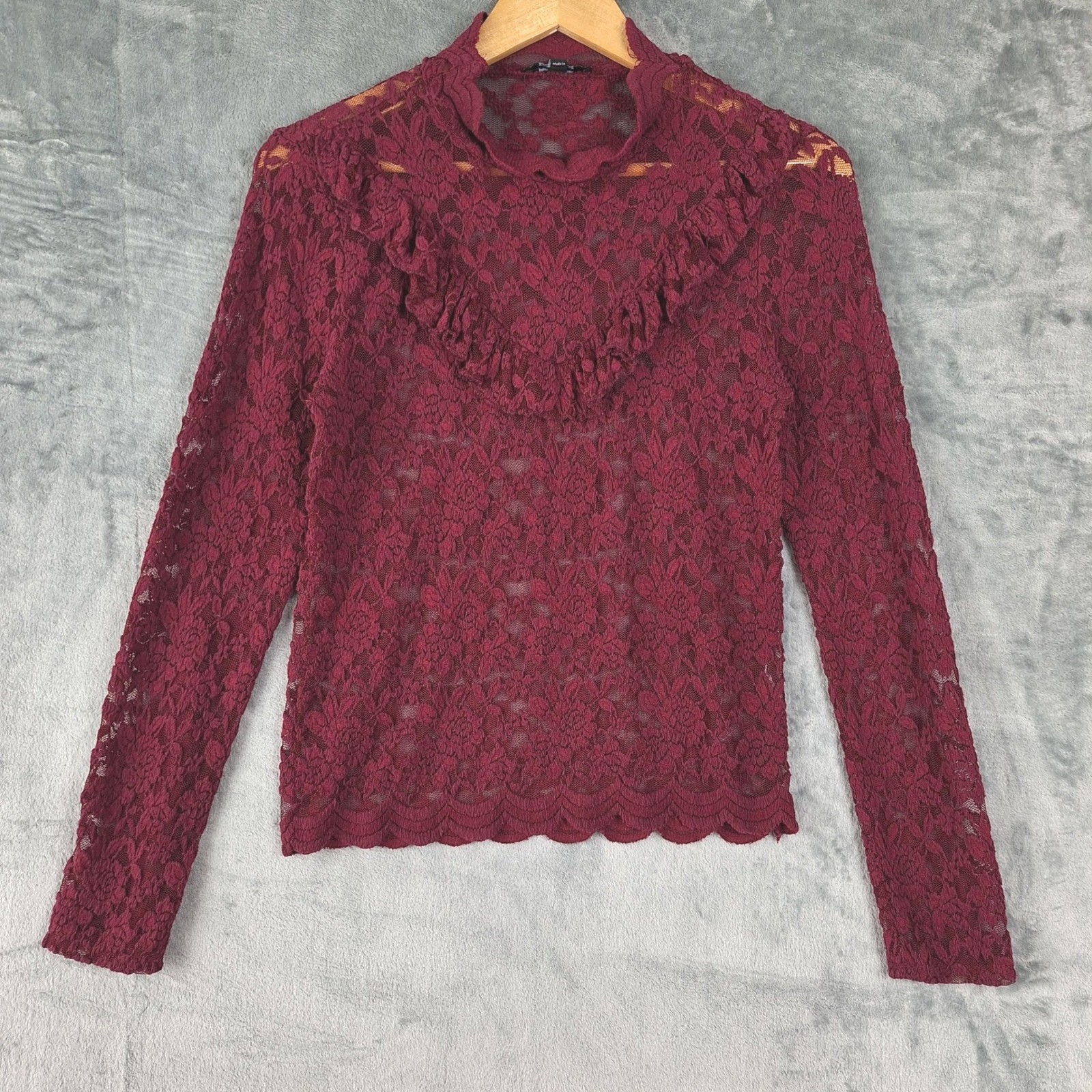 Womens Top Large Red Whimsigoth Fairy Grunge Romantic Floral Lace Ruffle Sheer