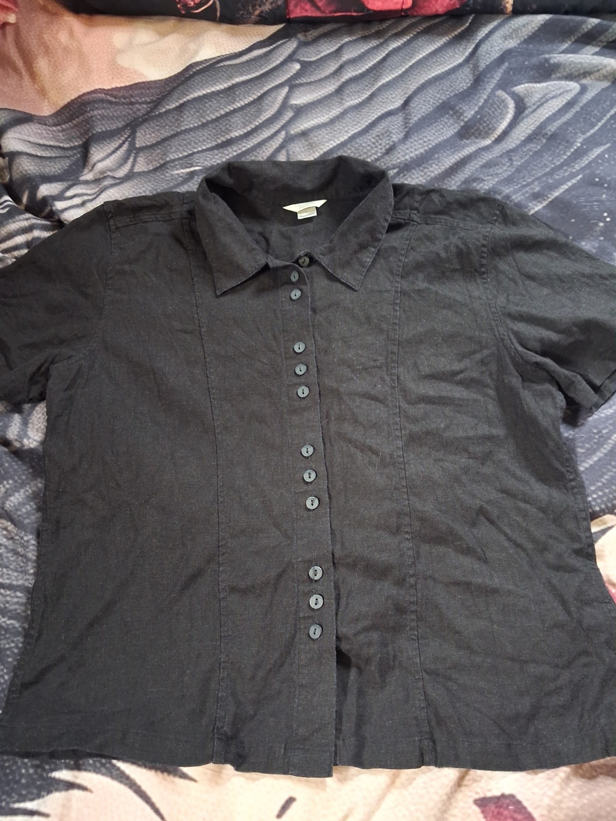 Croft & Barrow~Womens Black Linen, Button Up, Pleated Blouse Size L