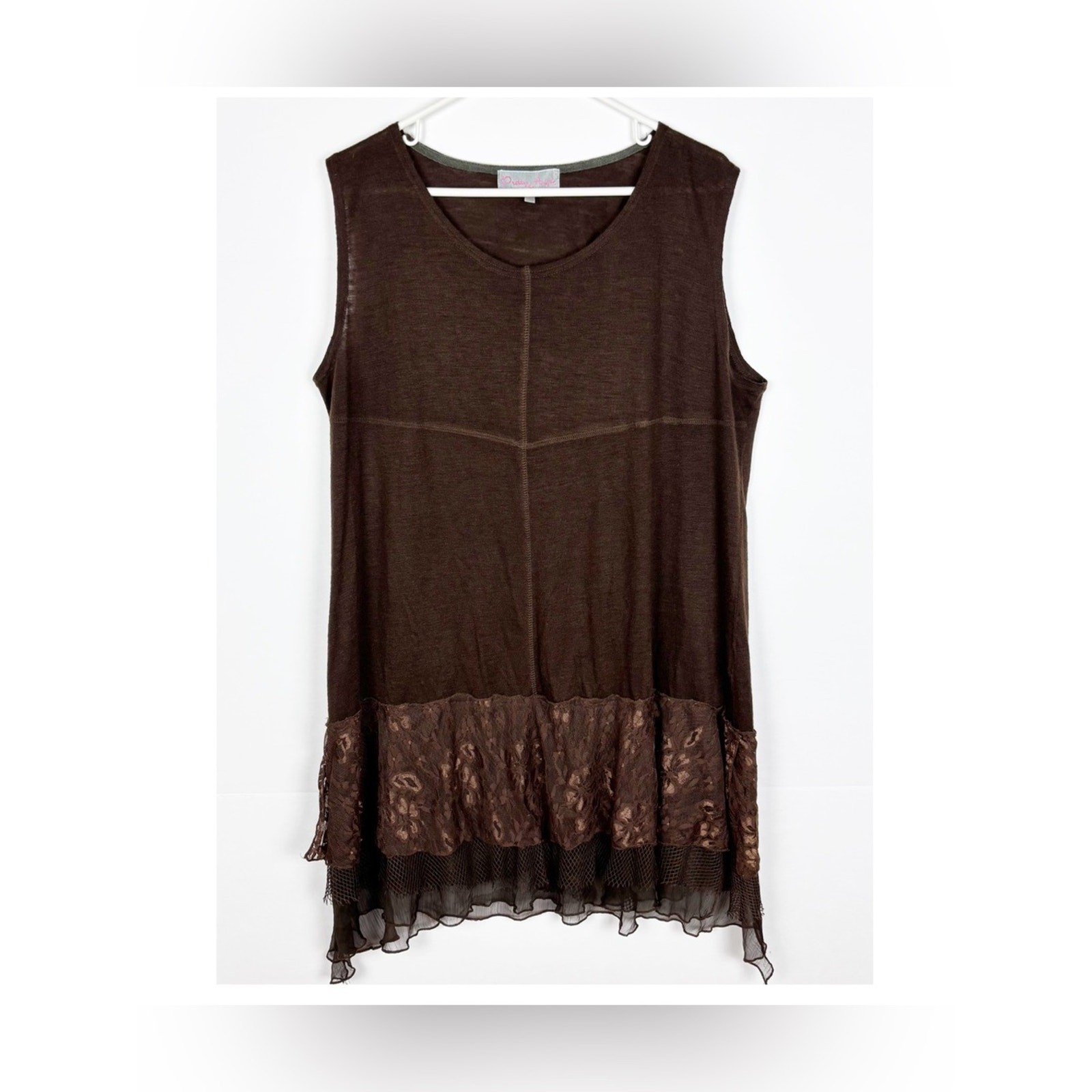 Pretty Angel Tunic Dress Brown Lace Hem linen Blend XL Lagenlook Cottagecore