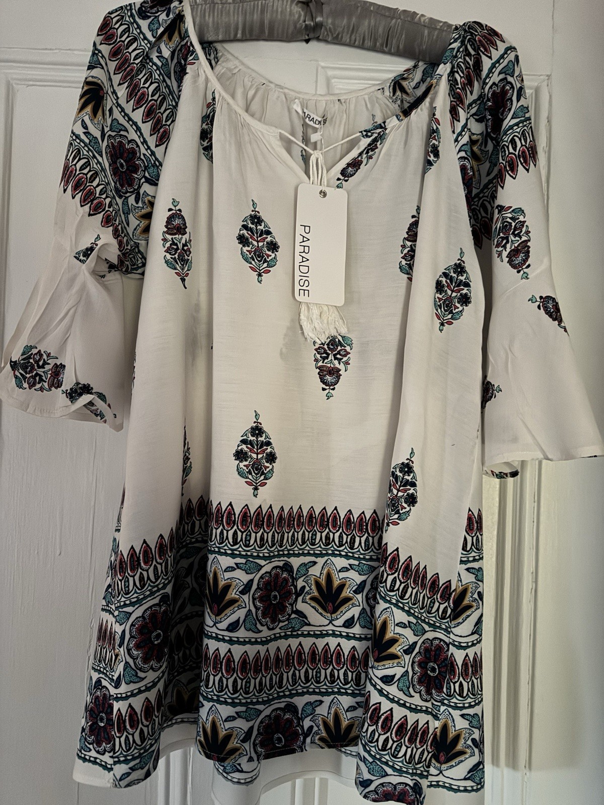 NWT Paradise Peasant Blouse Size Medium Boho Top White, Blue Tassels Tunic 36” C