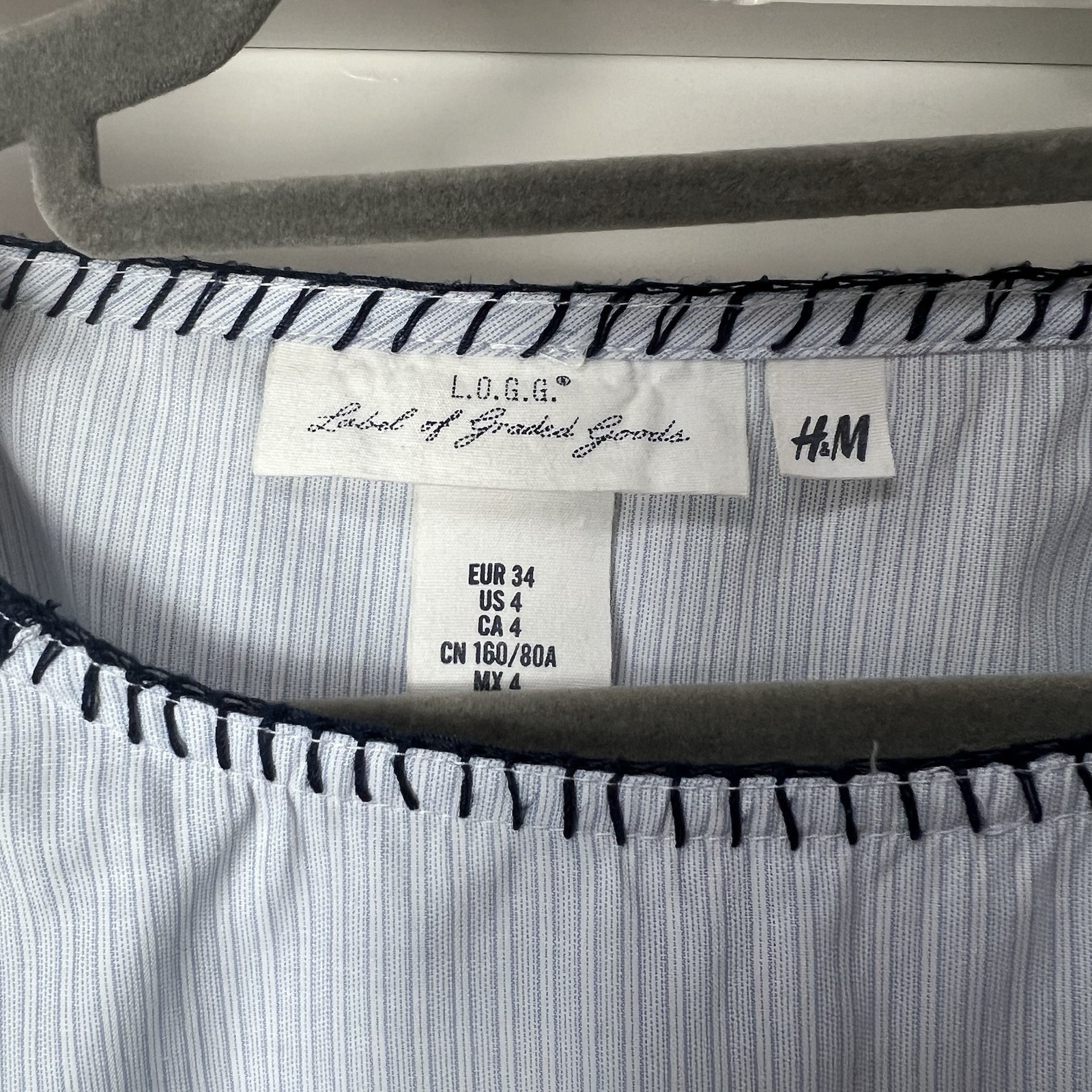 H&M Blouse Top Women’s UK 8 Blue Embroidered Long Sleeved Summer Casual Striped