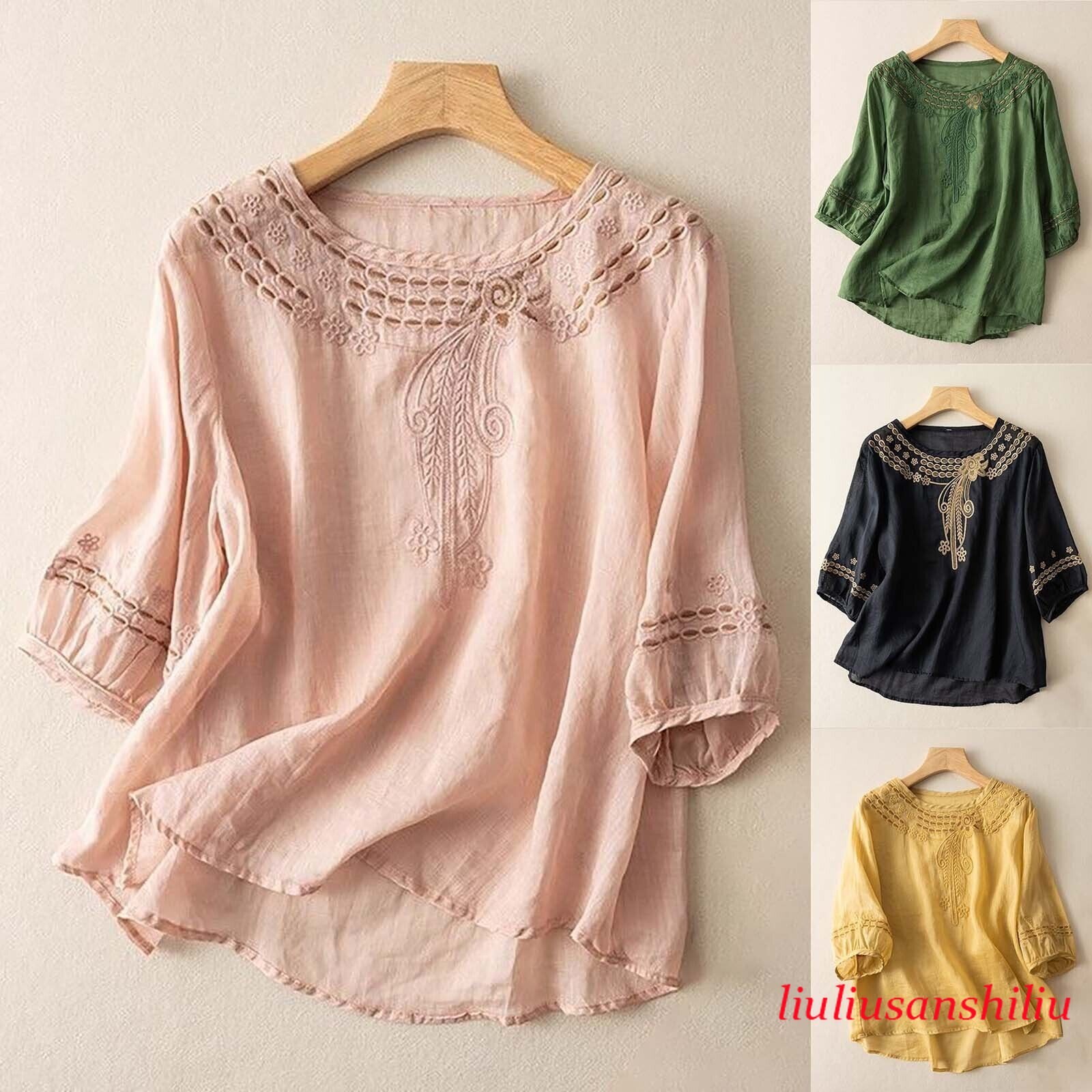 Women’s Cotton Linen Tunic Top Shirt Summer Casual Baggy Plain Blouse Plus Size