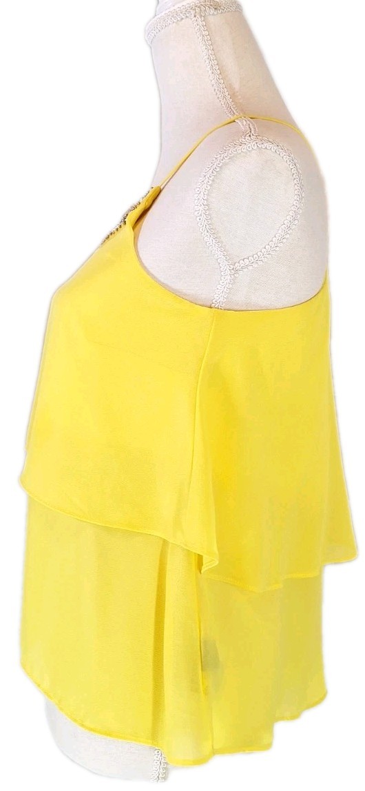 IZ BYER SzS Chiffon Camisole Tank Top Mesh & Bead Collar Trim Flowy Yellow Boho