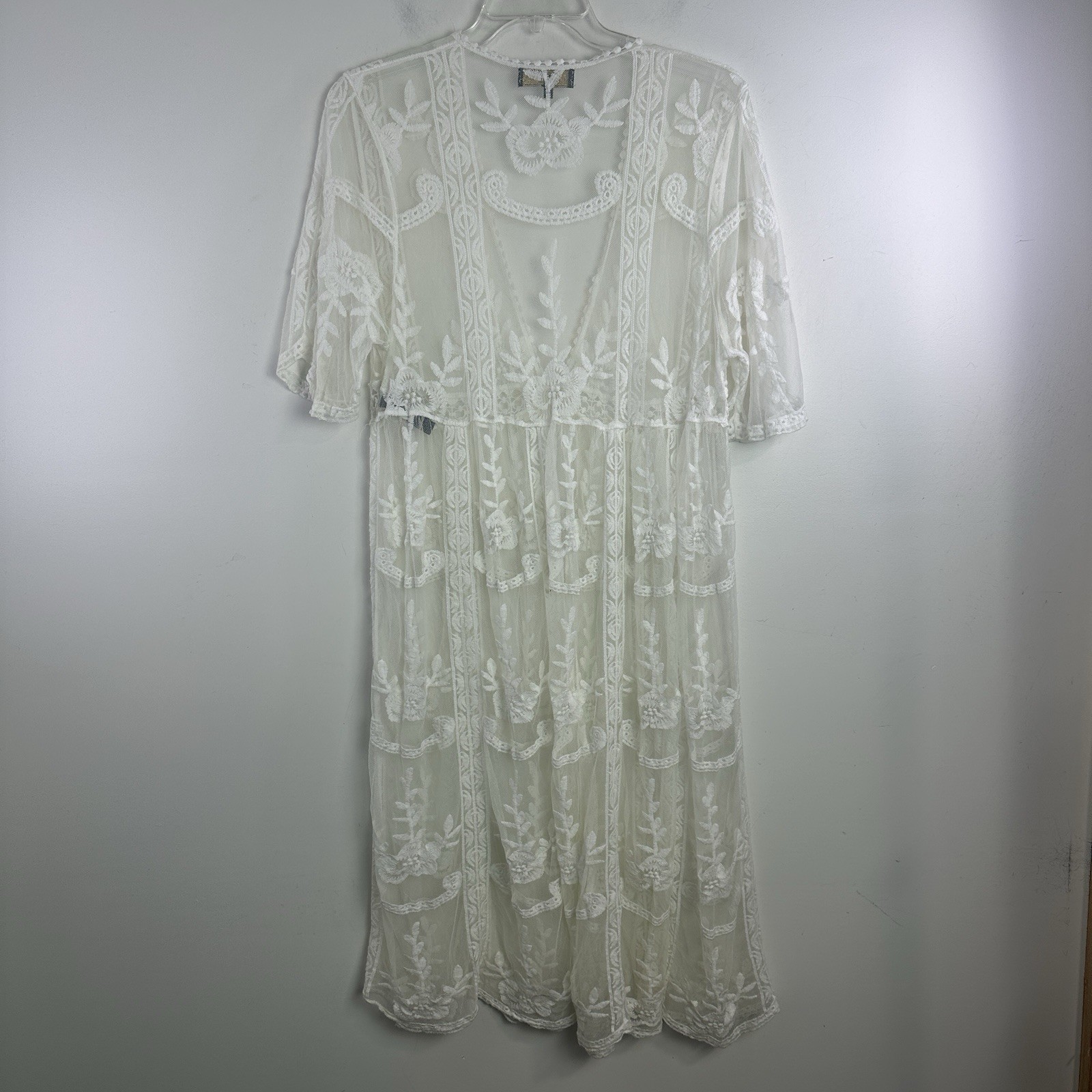 Ivory Lace Open Front Cardigan Duster Kimono 3/4 Sleeve L- XL Boho Hippie Sheer