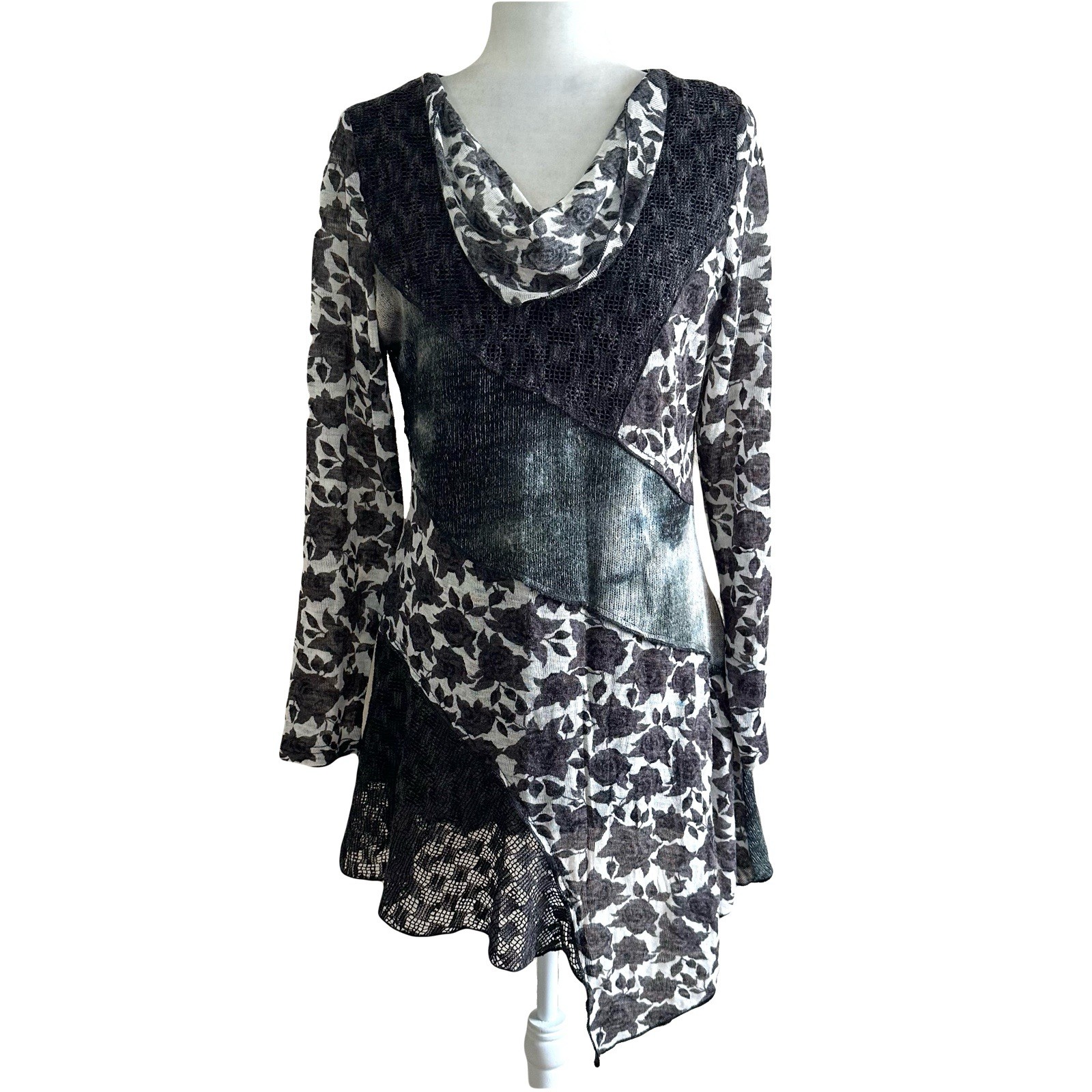 Paris Hues Vtg Artsty Tunic Sheer Patches Gothic Long-sleeve Black Top Womens M