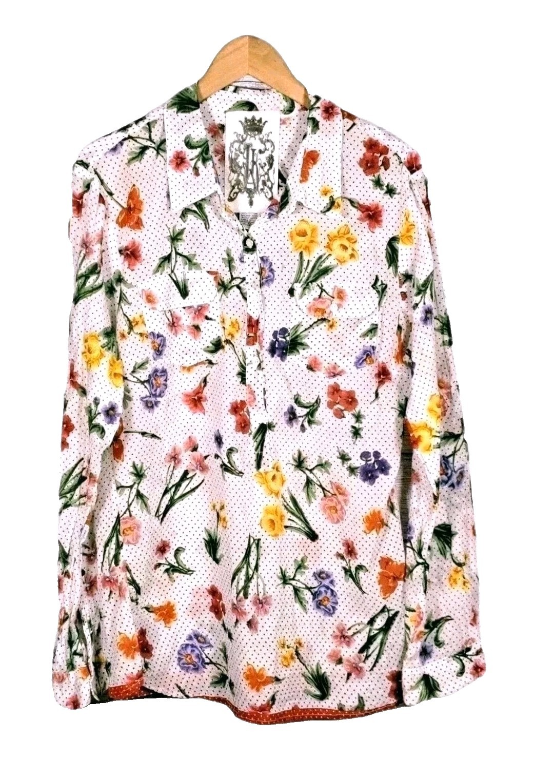 JAK Shirt L NWOT Tissue Cotton Floral Polka Dot Button Made in USA Long Slv