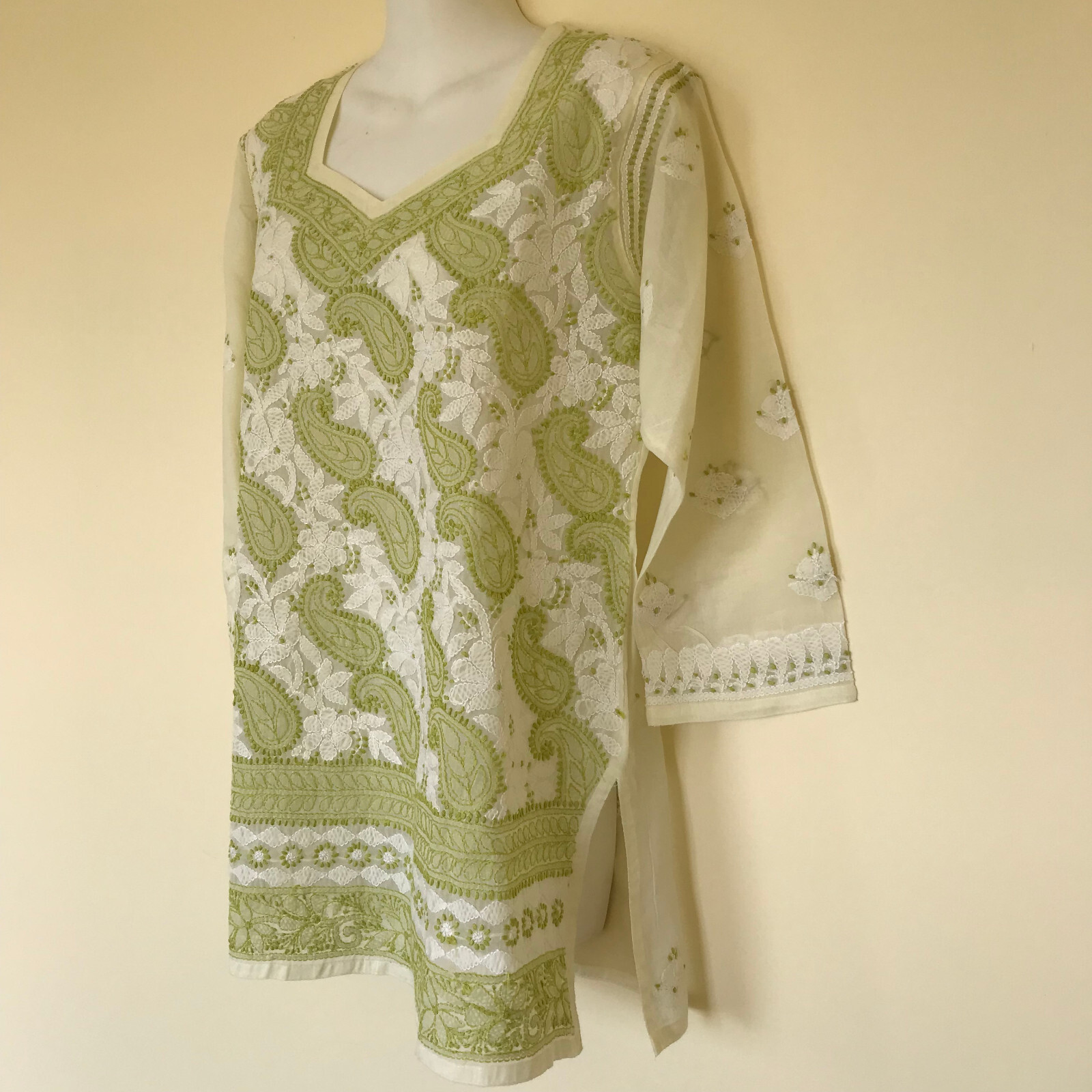 Dupatta House Embroidered Kurti Tunic Top Green Paisley Cotton NWT 40″ Bust