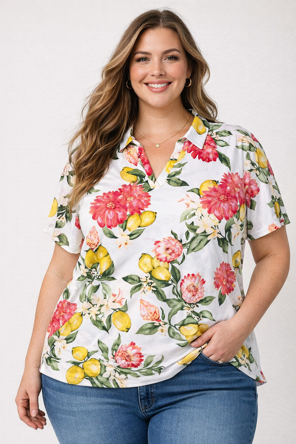 Stella& Ginger Womens floral plus size short sleeve collared stretch Blouse