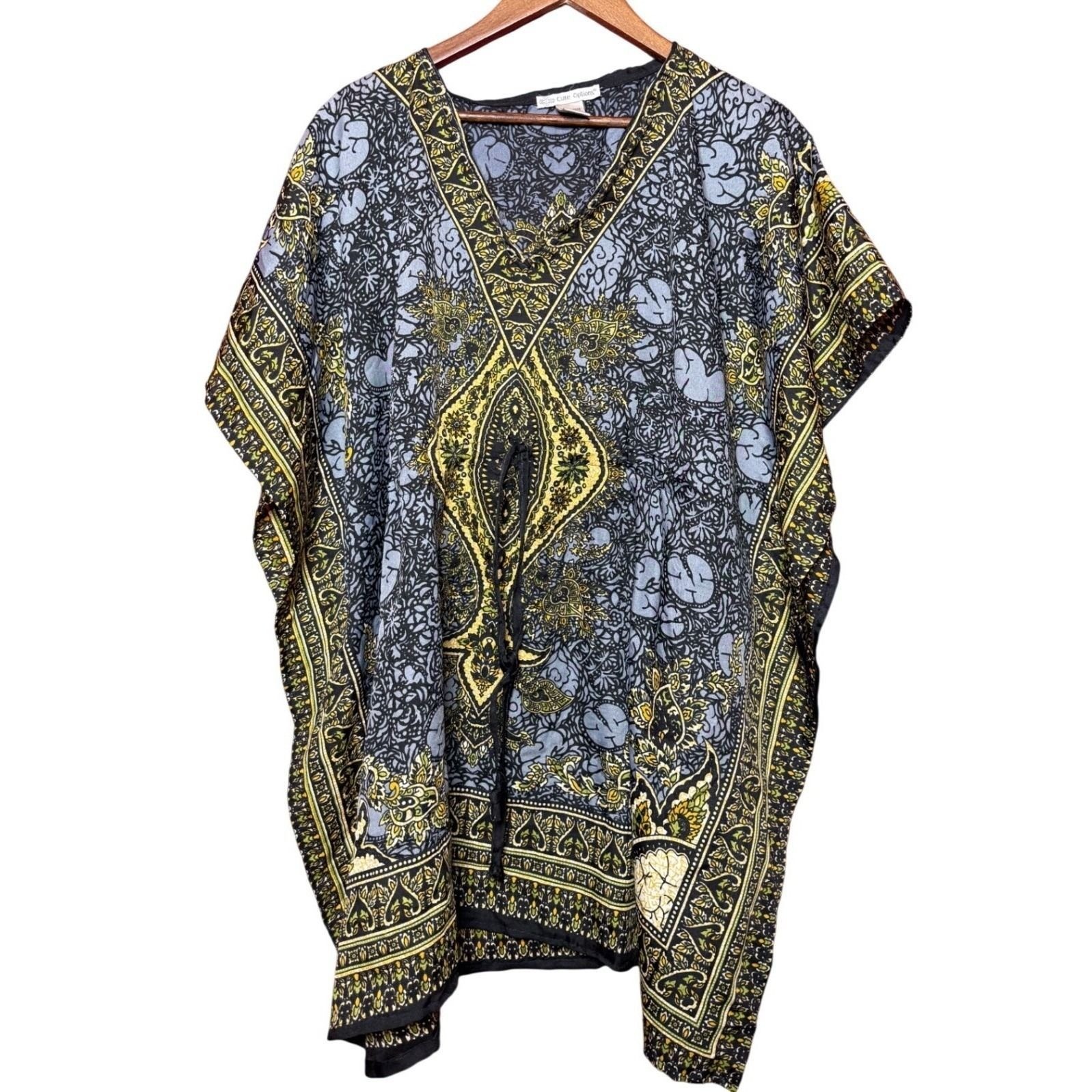 Cute Options Women Free Size Paisley Floral Kaftan Tunic Blue Yellow Rayon