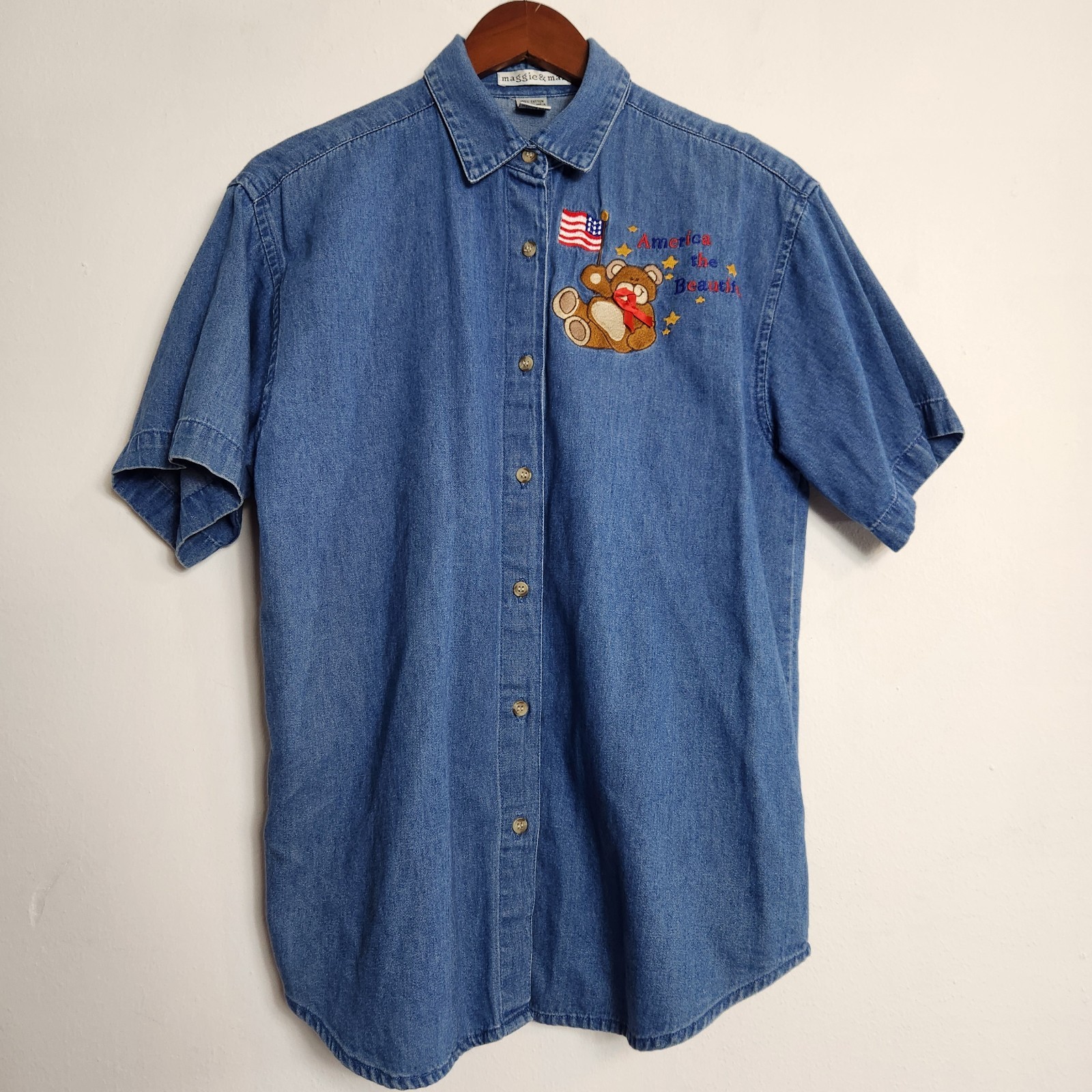 Vintage Maggie & Max Denim Shirt Sz Small Bear American Flag Patriotic 4th July