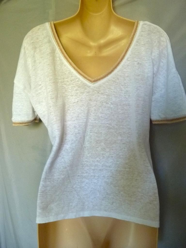 Etam France white linen lurex trim v-neck t shirt S