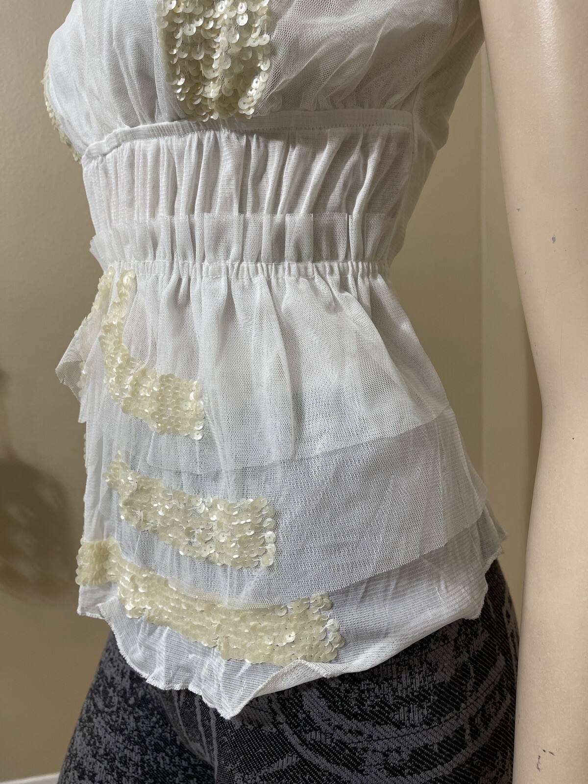 Women’s White Polyester Cocktail Layered Lace Beaded Pleated Size M Blouse Top