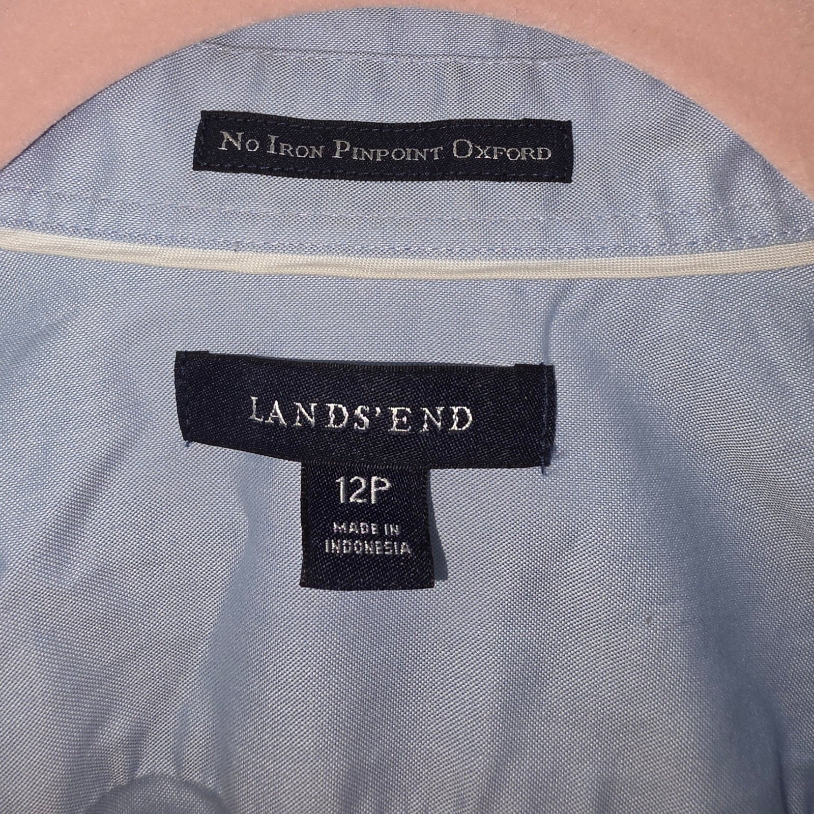 Lands End No Iron Pinpoint Oxford Shirt Light Blue 3/4 Sleeve Blouse 12P Womens