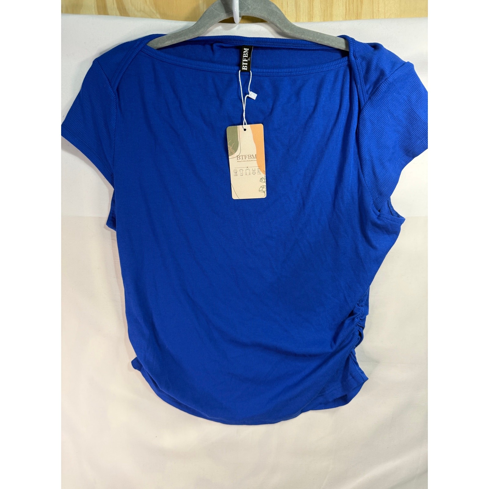 BTFBM Women’s XL Royal Blue Ribbed Ruched Side Top Short Sleeve Stretch