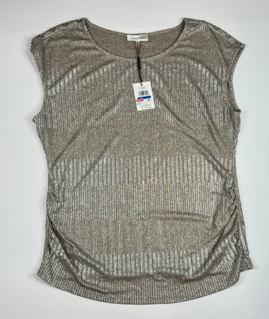 Calvin Klein Metallic Gold Shimmer Knit Top Side Ruched Blouse Womens Size XL