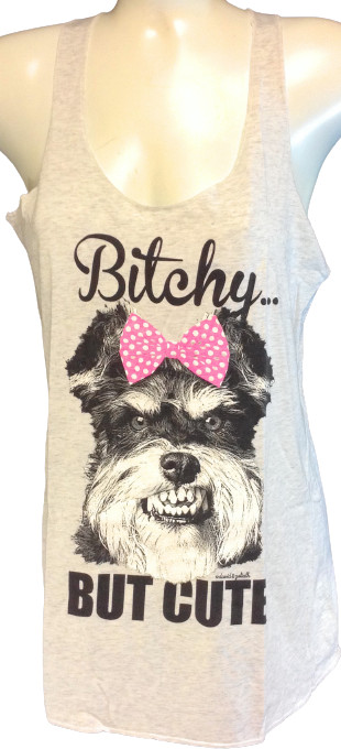 Womens Juniors David & Goliath Bitchy But Cute Grey Dog Tank Top Tee T-Shirt