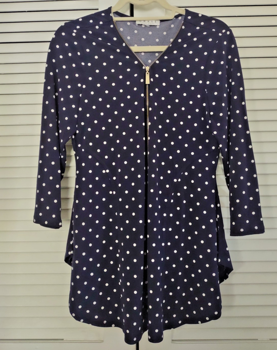 Chaus New York Polka Dot Top Navy Blue White 12/14 Decorative Zipper Nordstroms