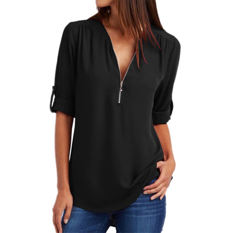 V-neck zipper oversized sleeveless loose chiffon shirt