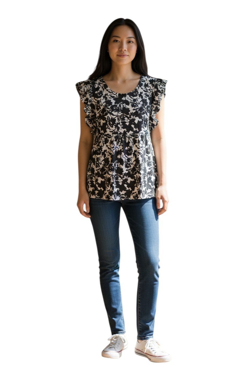 Robert Louis Black White Sleeveless Ruffled Blouse Size Medium NWT