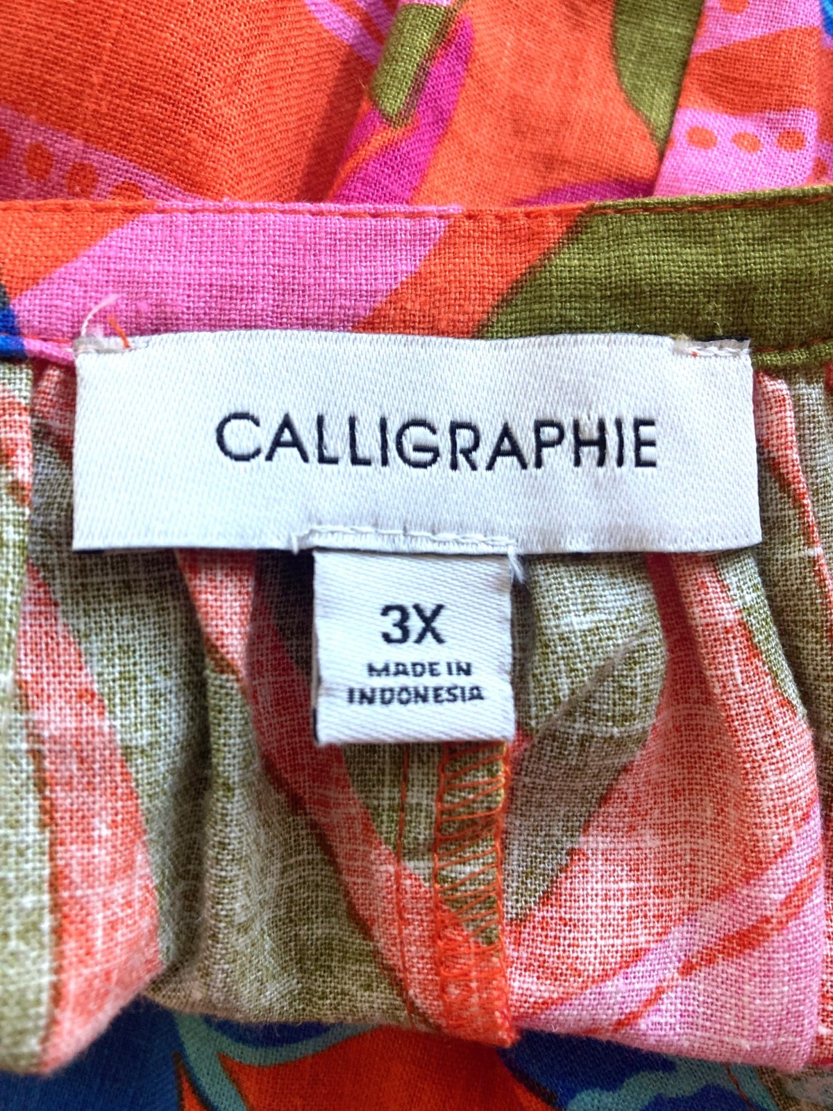 Calligraphie Aloha Shirt 3X Plus Linen Rayon SS V Neck Bright Floral Orange