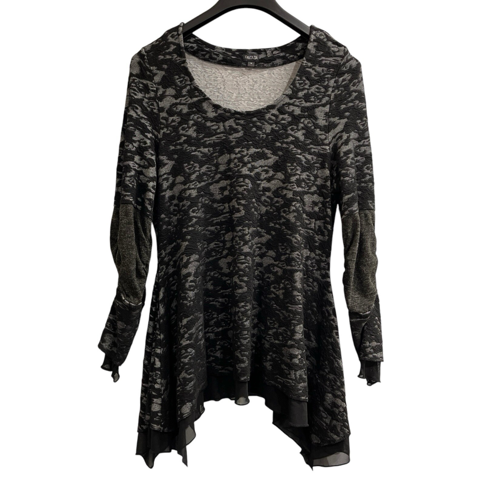 Fantazia Tunic Shirt Mini Dress Womens M Black Floral Layered Mesh Asymmetrical