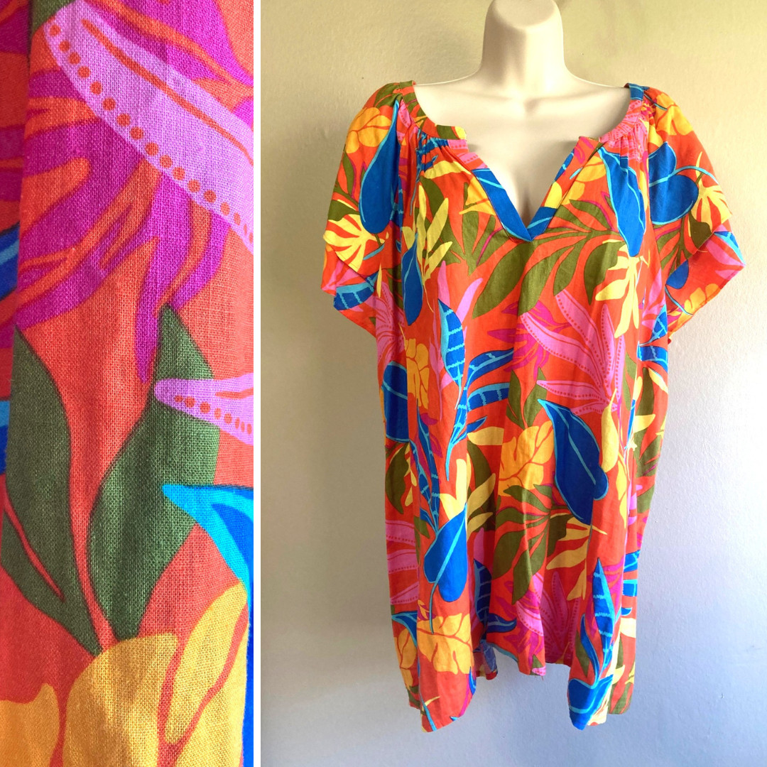Calligraphie Aloha Shirt 3X Plus Linen Rayon SS V Neck Bright Floral Orange