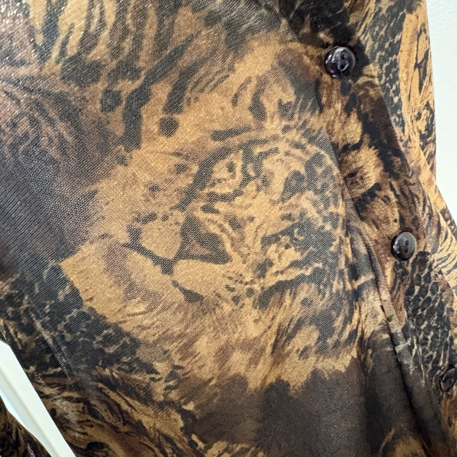 My Michelle Sheer Big Cat Print Button Up Top Tiger Lion Brown Black Y2K