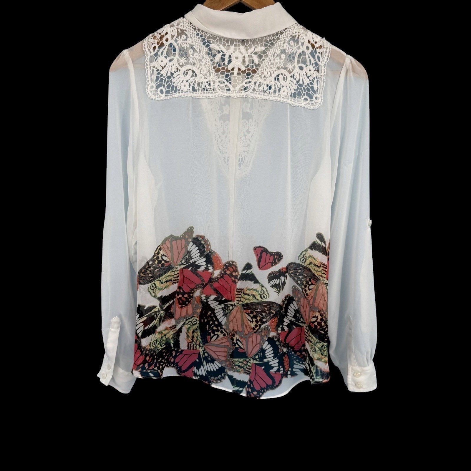 Candies Womens Blouse Large White Butterfly Print Lace Sheer Whimsygoth Y2K